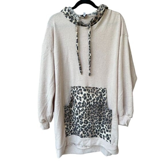 White Birch Women's‎ L Beige & Leopard Print Hooded Sweatshirt Dress - Picture 1 of 7